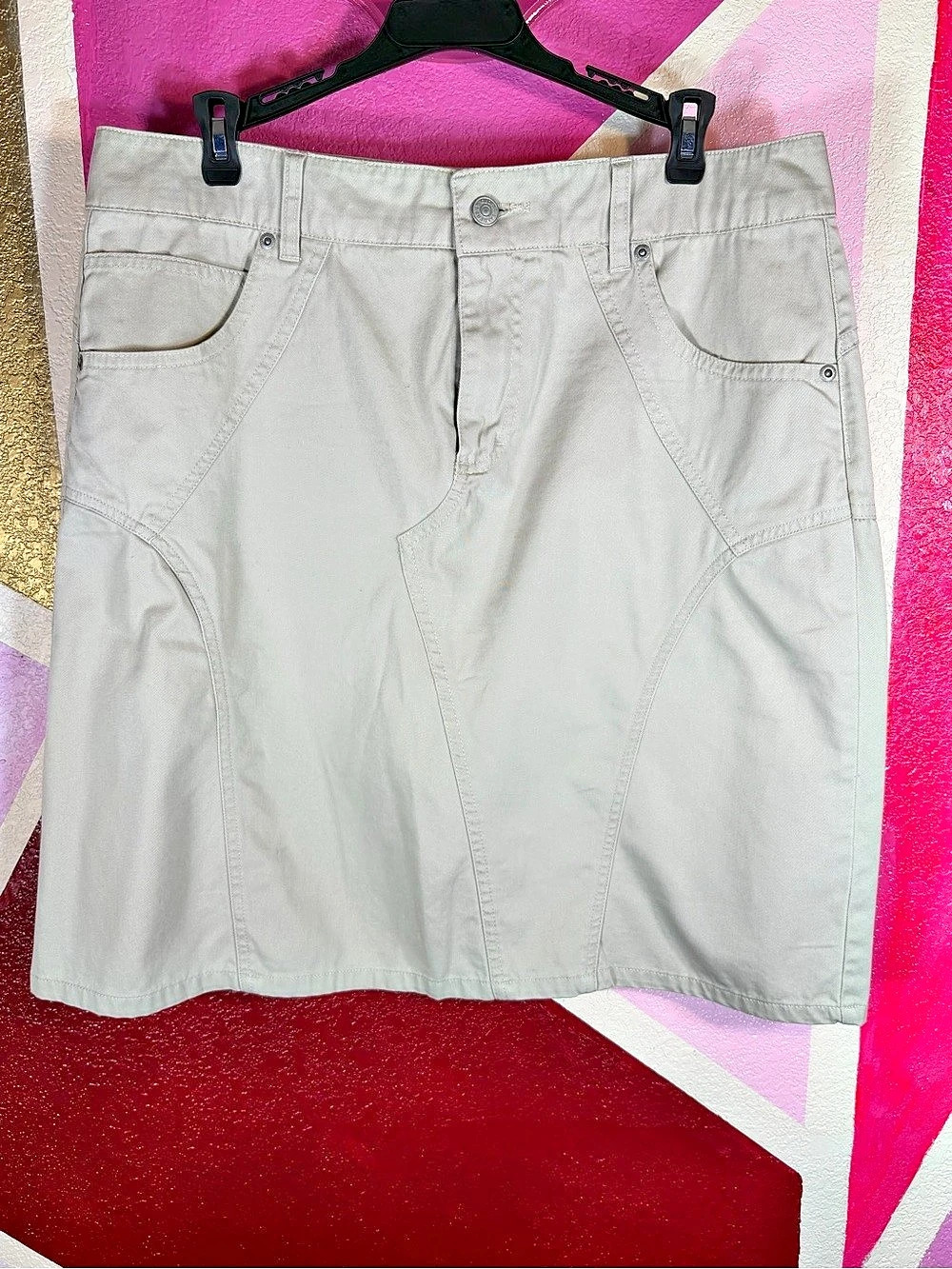 Gloria Vanderbilt Petite 14 Stone Khaki Cotton Twill Skirt Seamed Panel A-Line